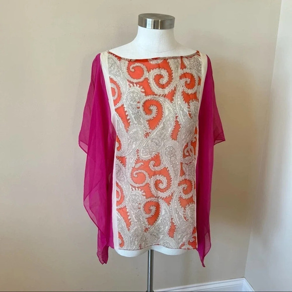 Talbots 100% Silk Paisley Chiffon Top Size S / M Pink Orange 14423 - Picture 2 of 7